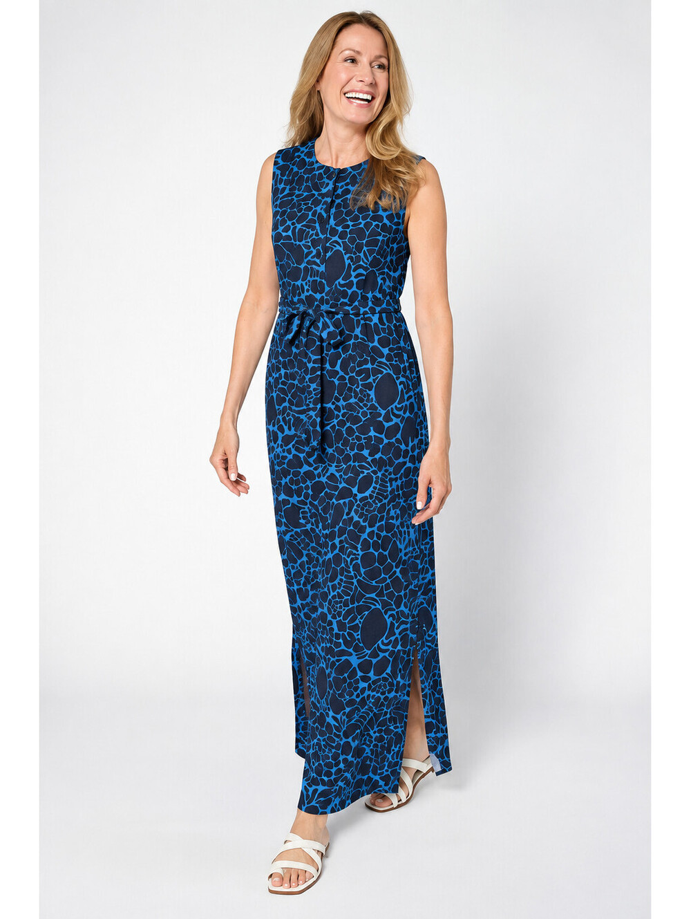 Denim & Co. Regular Slub Jersey Tie Belt Button Front Maxi Dress Navy, Large